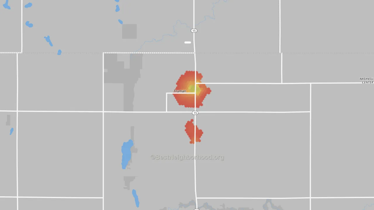 Walk Grade map of Truman, MN, walkable areas in green and car-dependent areas in red