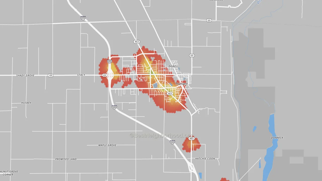 Walk Grade map of Trumann, AR, walkable areas in green and car-dependent areas in red