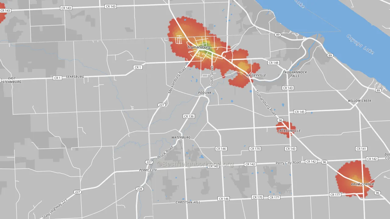 Walk Grade map of Trumansburg, NY, walkable areas in green and car-dependent areas in red