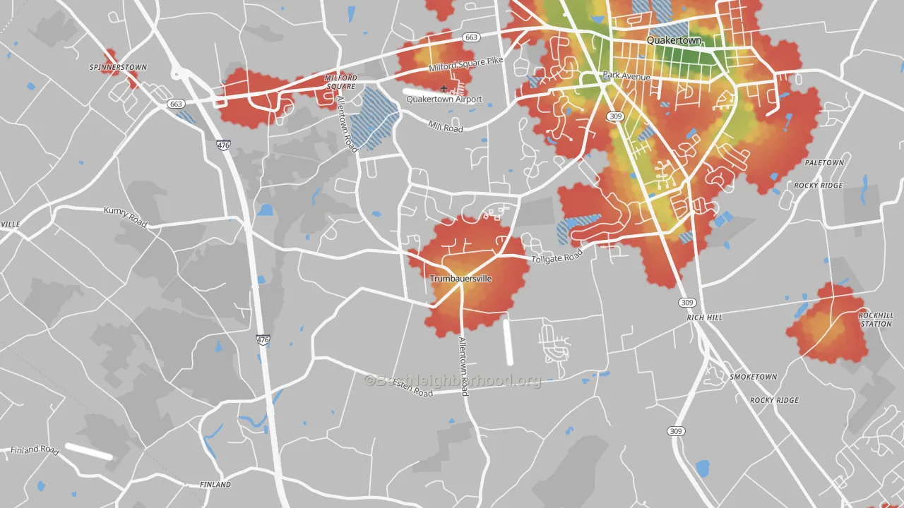 Walk Grade map of Trumbauersville, PA, walkable areas in green and car-dependent areas in red