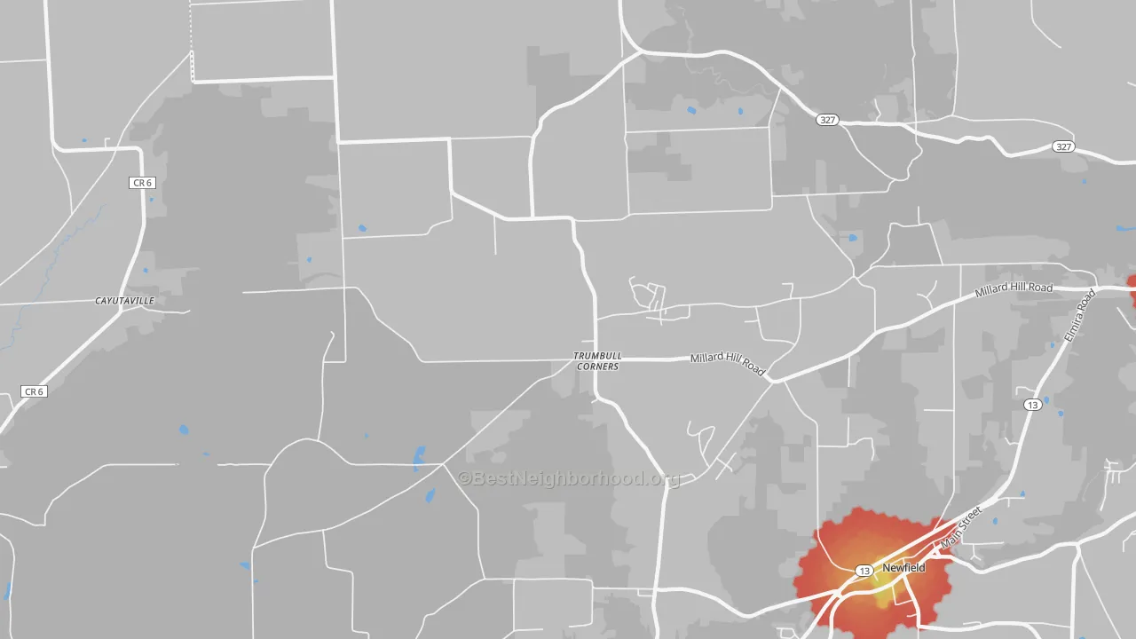 Walk Grade map of Trumbull Corners, NY, walkable areas in green and car-dependent areas in red