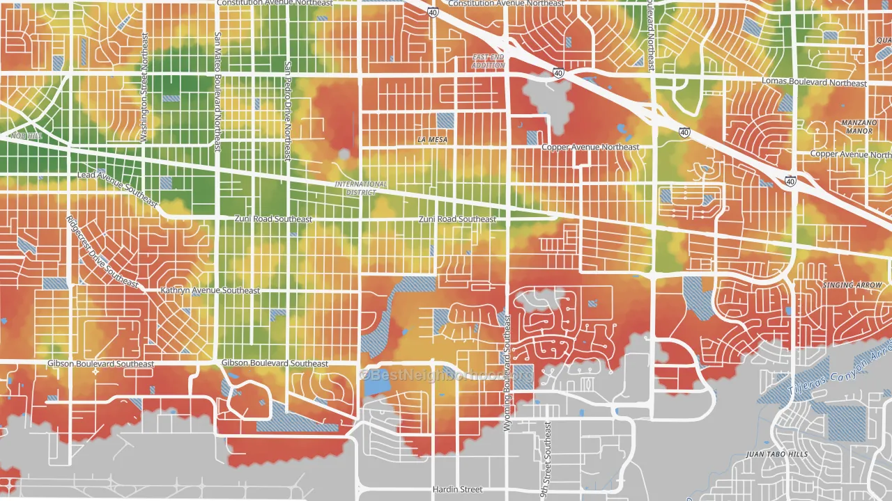 Walk Grade map of Trumbull Village, Albuquerque, NM, walkable areas in green and car-dependent areas in red
