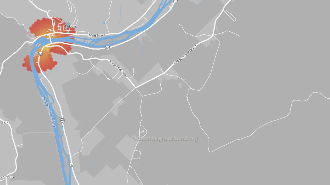Walk Grade map of Trunkeyville, PA, walkable areas in green and car-dependent areas in red