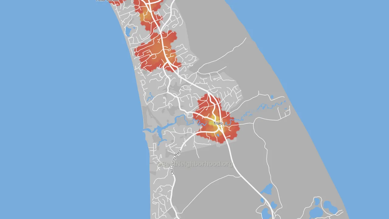 Walk Grade map of Truro, MA, walkable areas in green and car-dependent areas in red