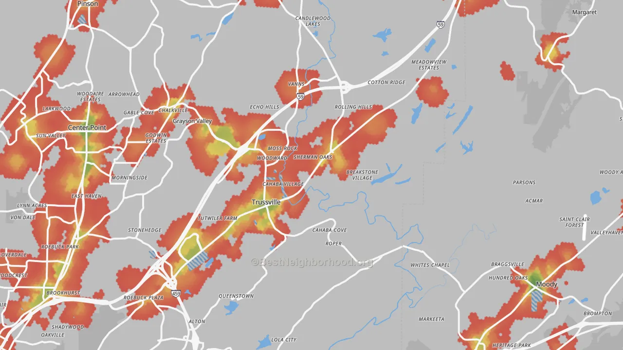 Walk Grade map of Trussville, AL, walkable areas in green and car-dependent areas in red