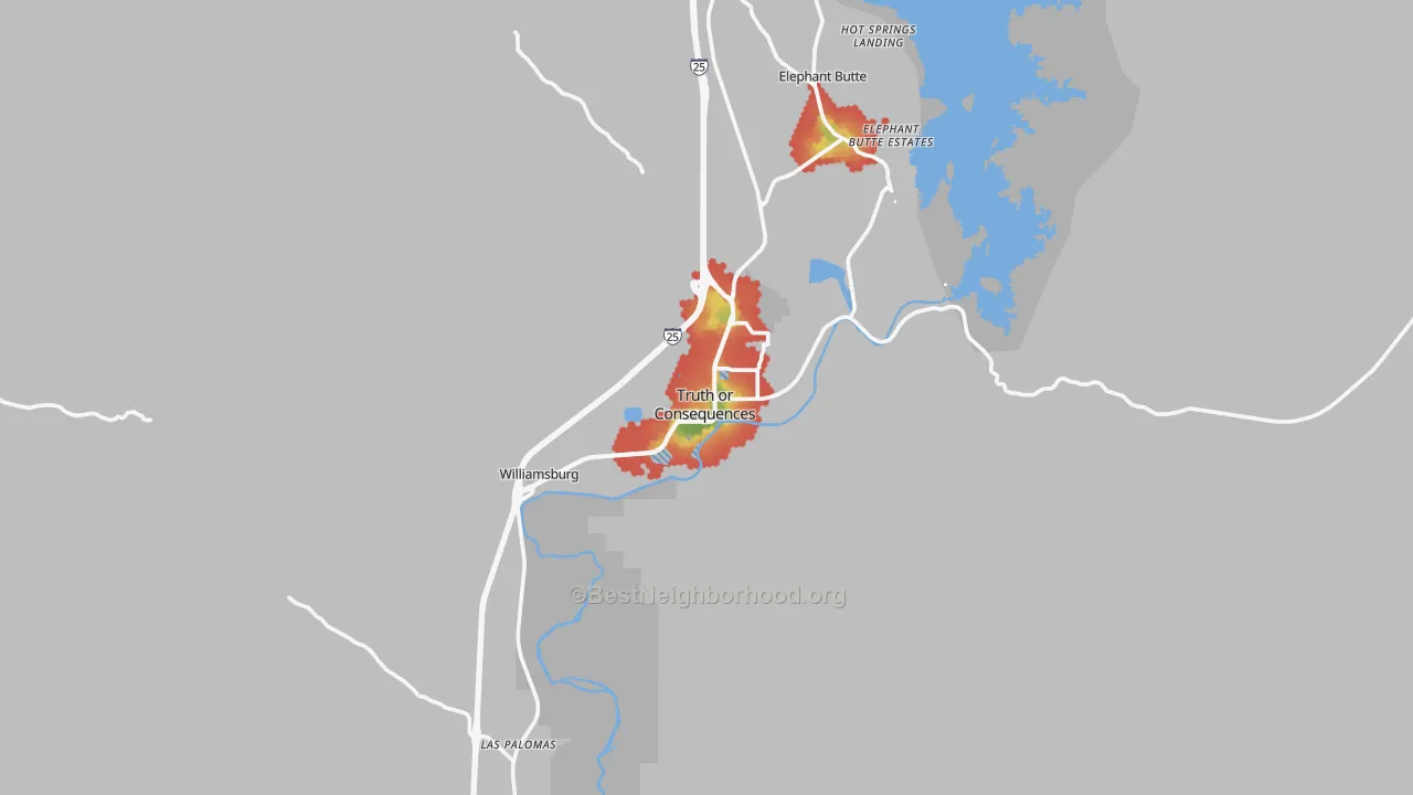 Walk Grade map of Truth Or Consequences, NM, walkable areas in green and car-dependent areas in red