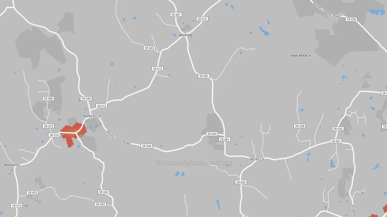 Walk Grade map of Truxillo, VA, walkable areas in green and car-dependent areas in red