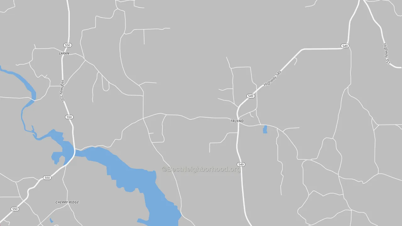 Walk Grade map of Truxno, LA, walkable areas in green and car-dependent areas in red