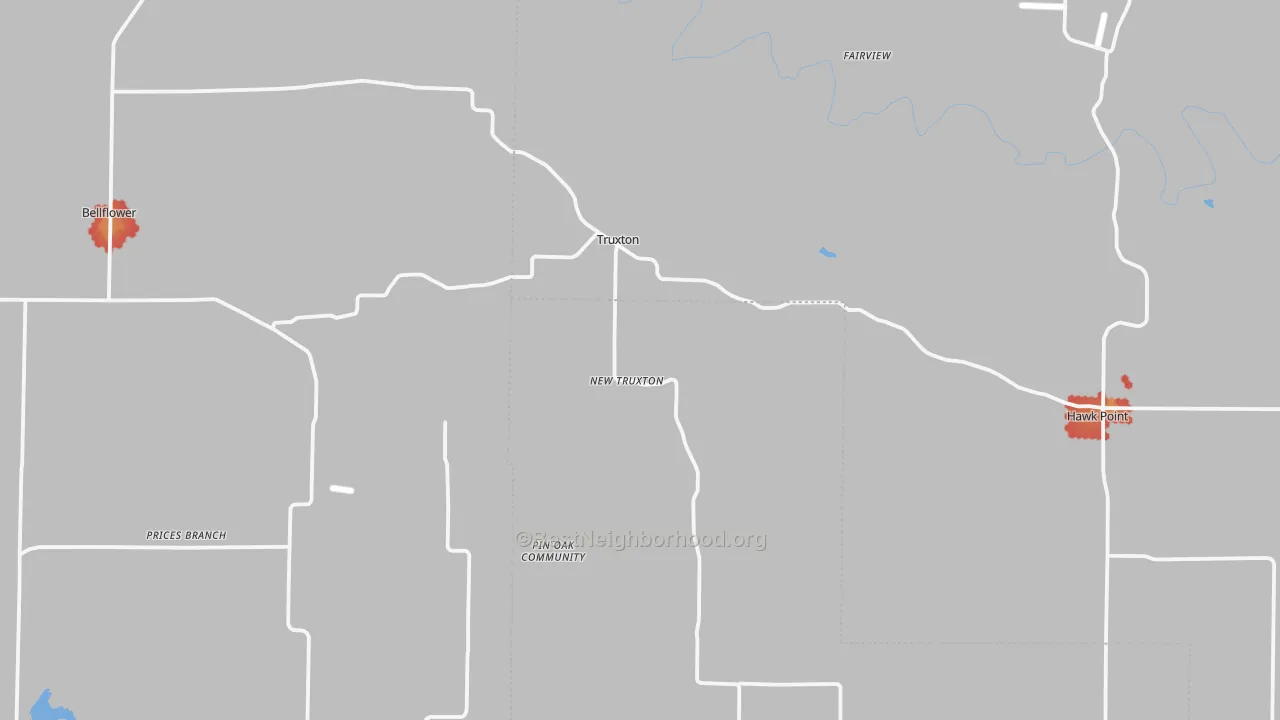 Walk Grade map of Truxton, MO, walkable areas in green and car-dependent areas in red