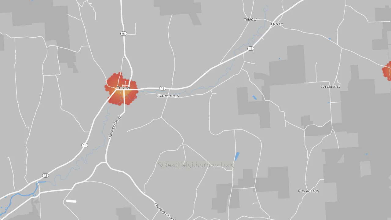 Walk Grade map of Truxton, NY, walkable areas in green and car-dependent areas in red