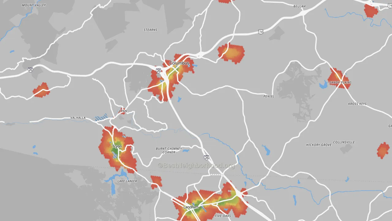 Walk Grade map of Tryon, NC, walkable areas in green and car-dependent areas in red