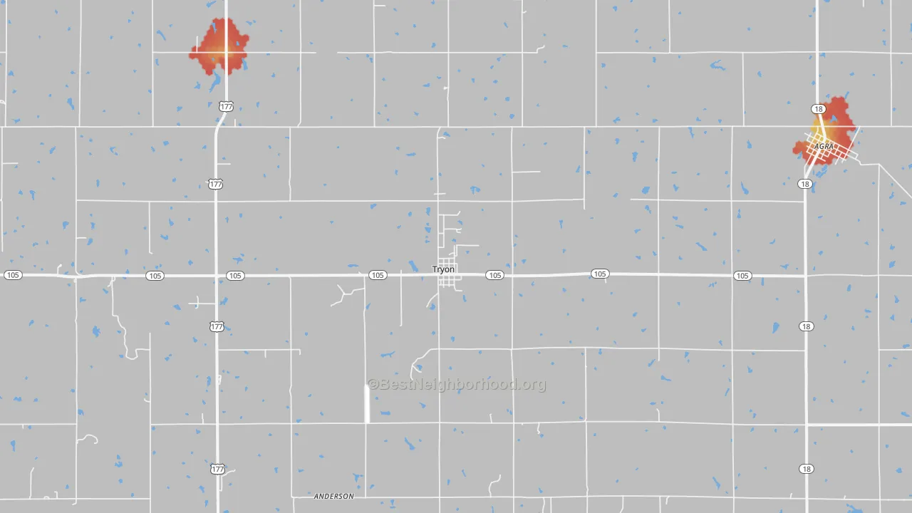 Walk Grade map of Tryon, OK, walkable areas in green and car-dependent areas in red