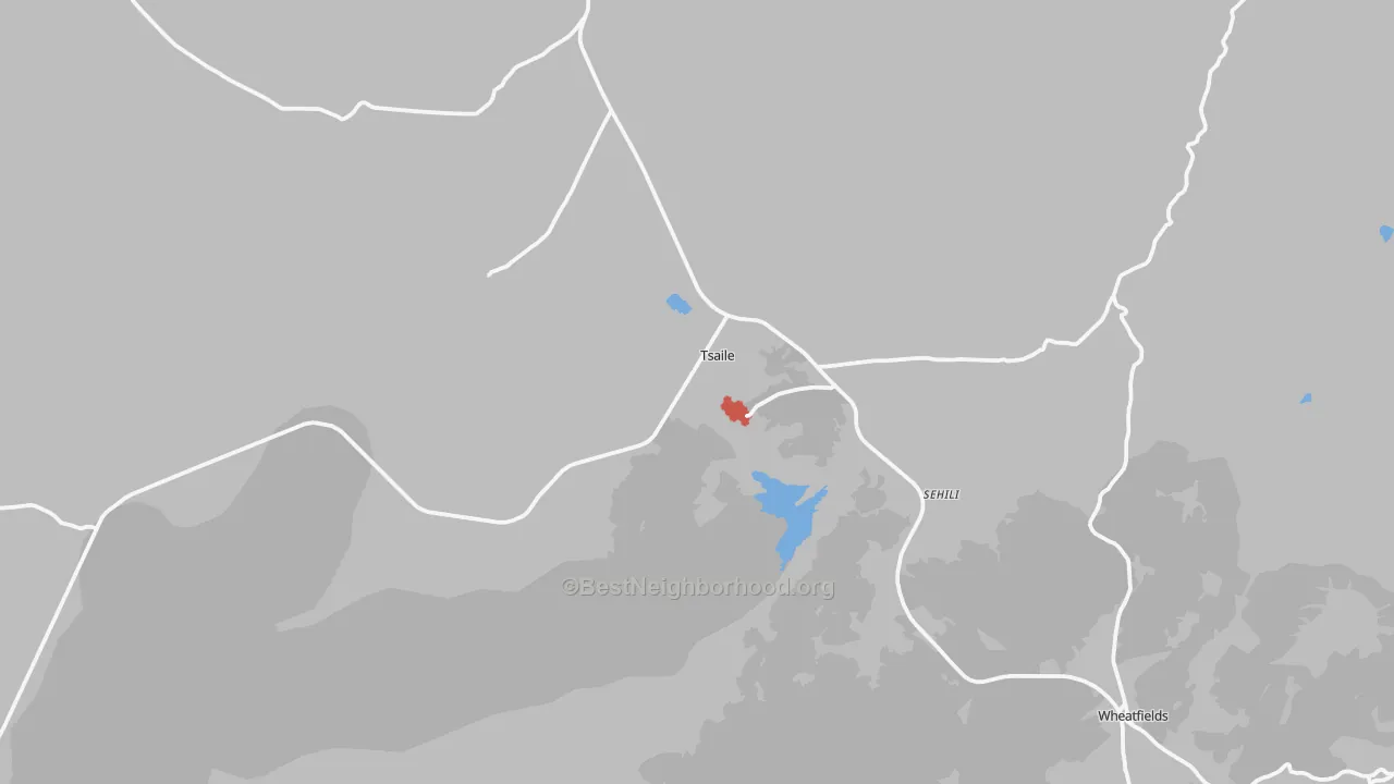 Walk Grade map of Tsaile, AZ, walkable areas in green and car-dependent areas in red