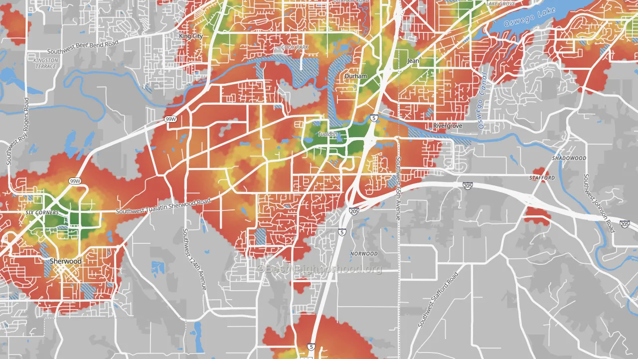 Walk Grade map of Tualatin, OR, walkable areas in green and car-dependent areas in red