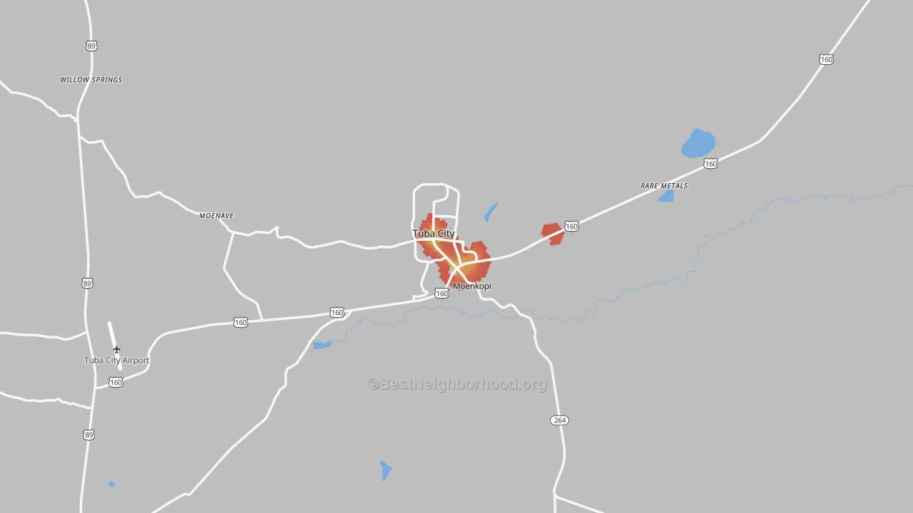 Walk Grade map of Tuba City, AZ, walkable areas in green and car-dependent areas in red