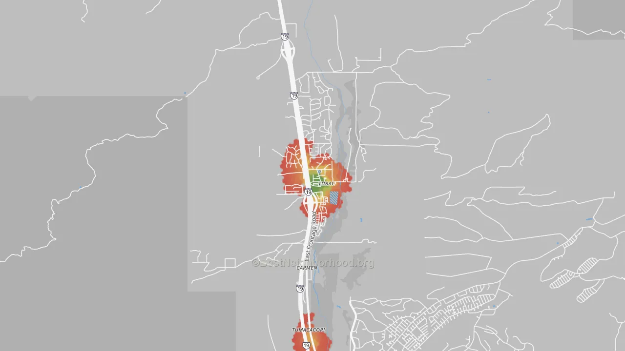 Walk Grade map of Tubac, AZ, walkable areas in green and car-dependent areas in red