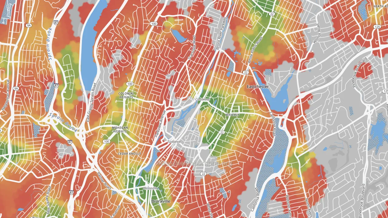 Walk Grade map of Tuckahoe, NY, walkable areas in green and car-dependent areas in red
