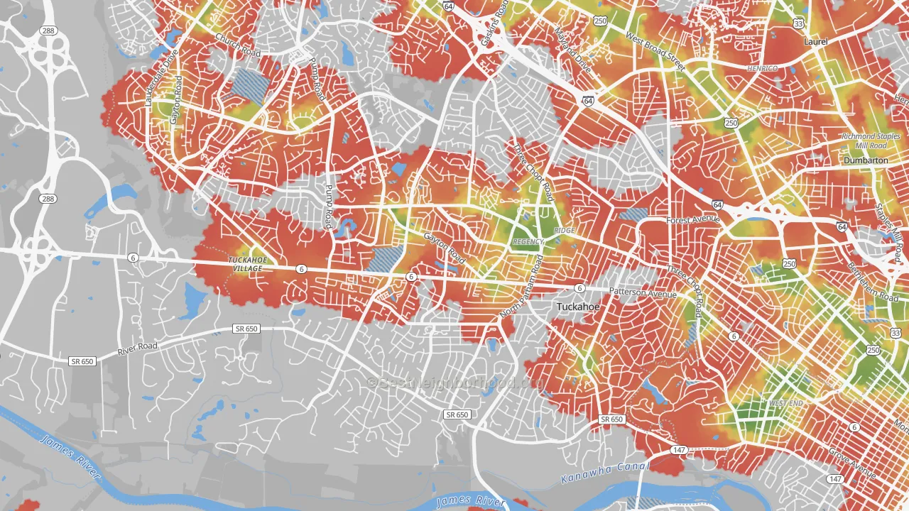 Walk Grade map of Tuckahoe, VA, walkable areas in green and car-dependent areas in red