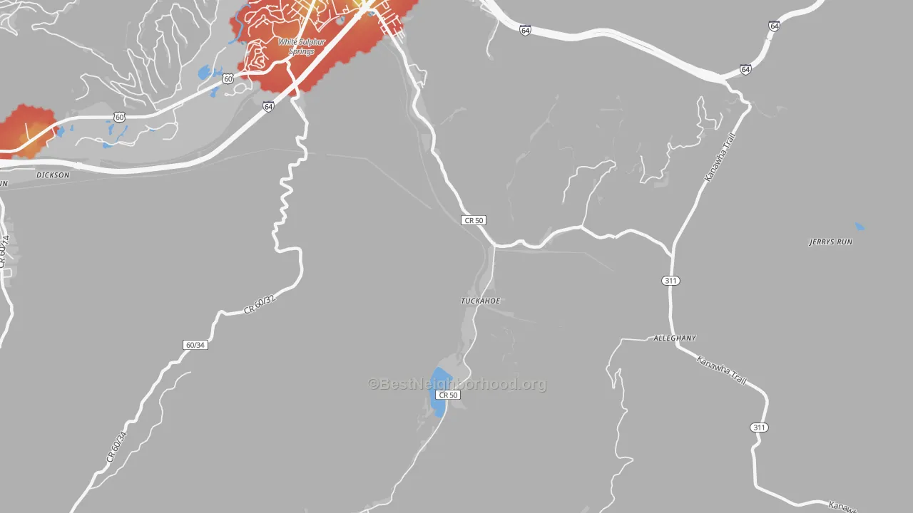 Walk Grade map of Tuckahoe, WV, walkable areas in green and car-dependent areas in red