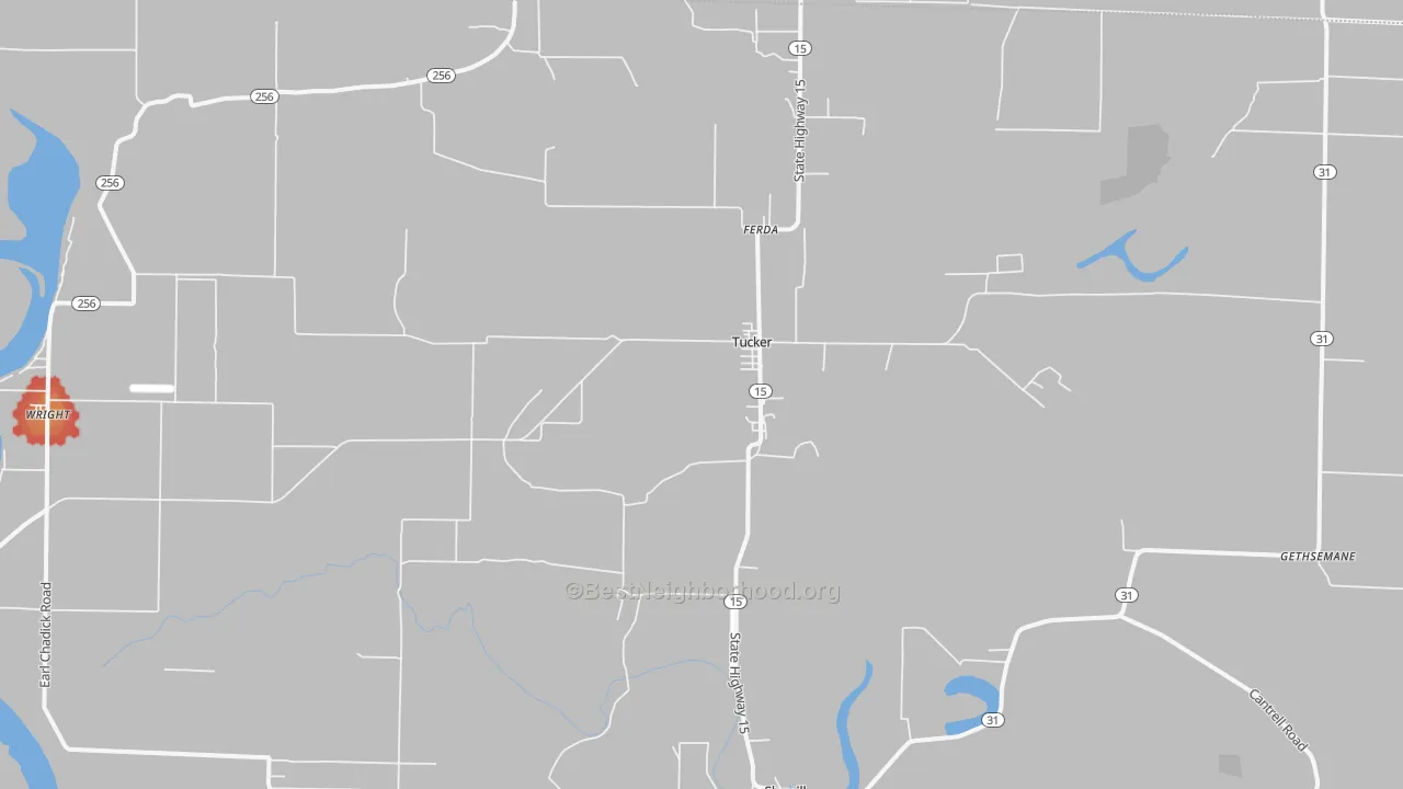 Walk Grade map of Tucker, AR, walkable areas in green and car-dependent areas in red