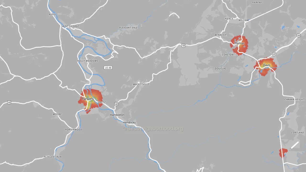 Walk Grade map of Tucker County, WV, walkable areas in green and car-dependent areas in red