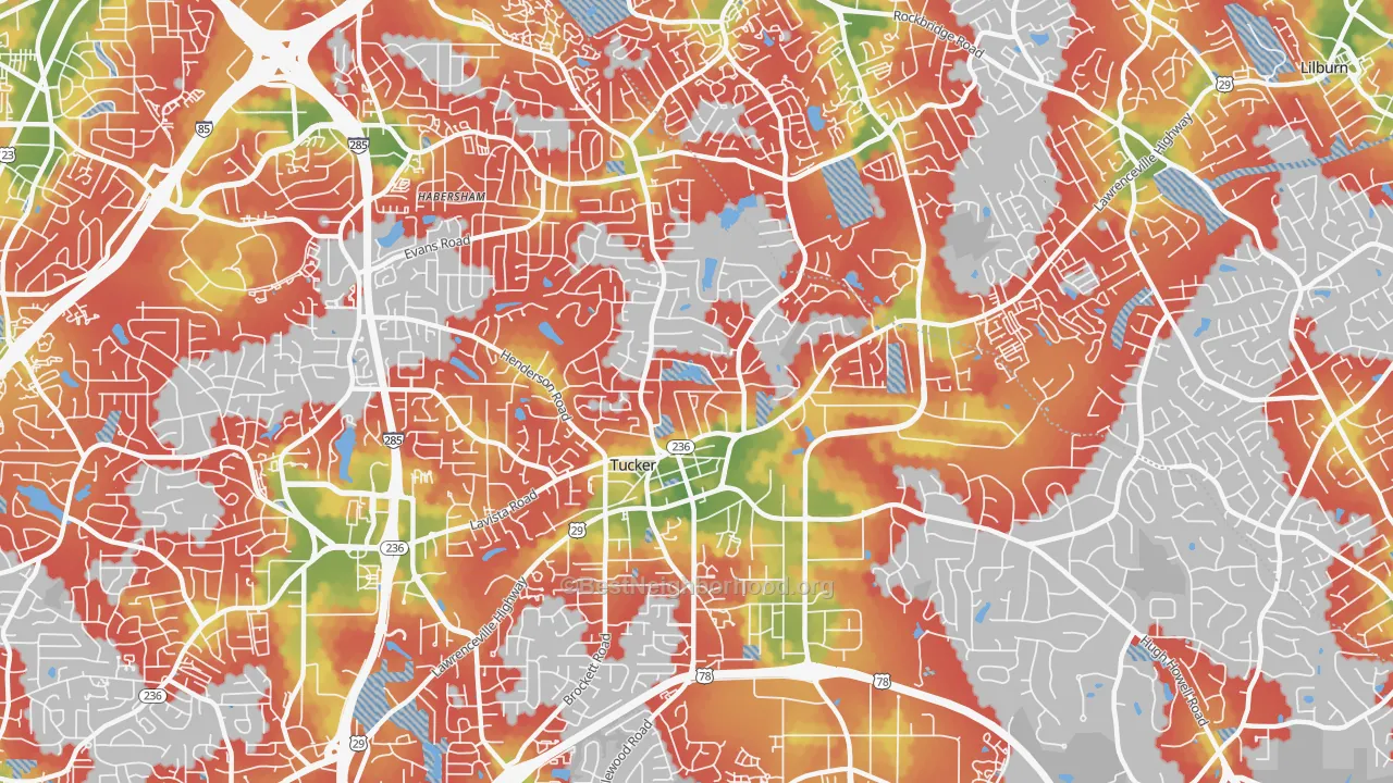 Walk Grade map of Tucker, GA, walkable areas in green and car-dependent areas in red