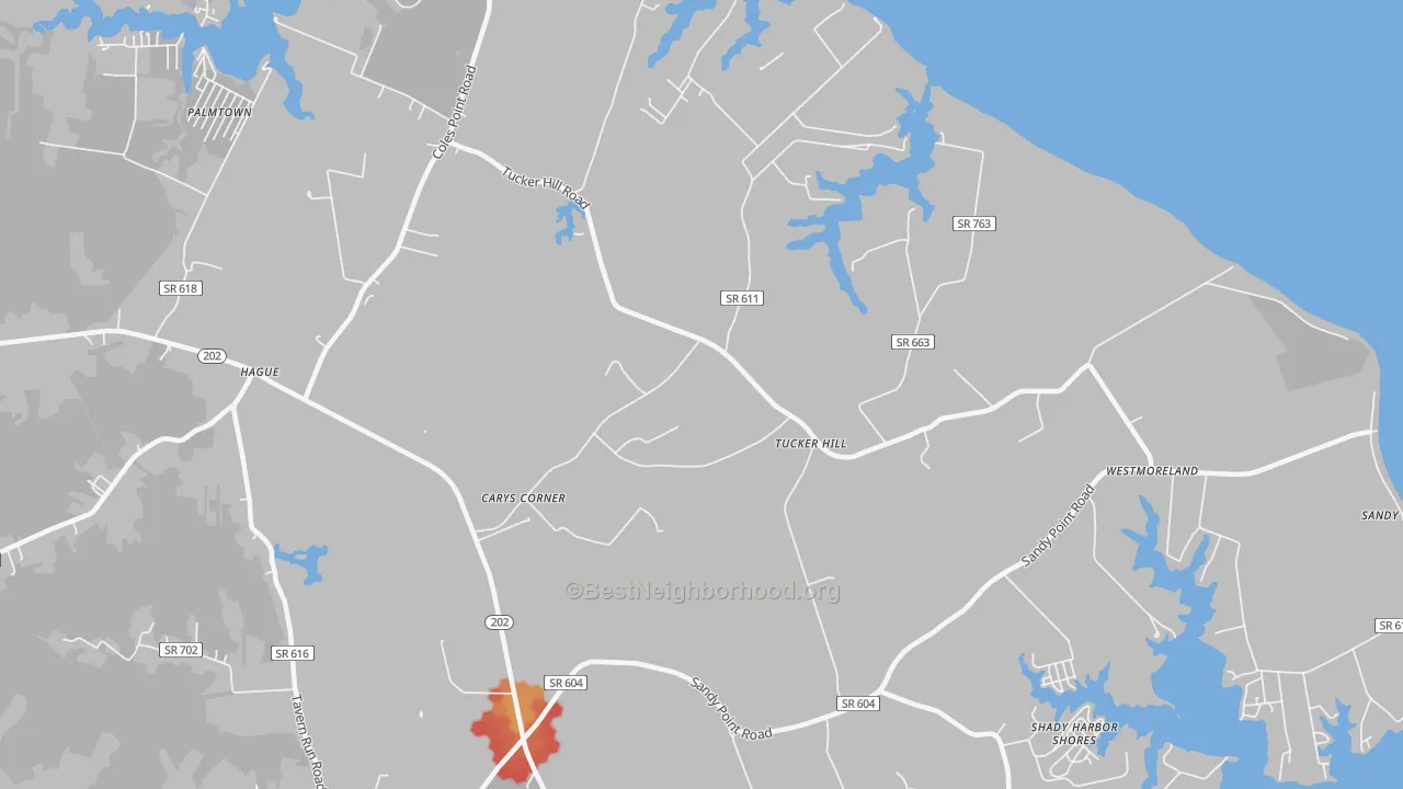 Walk Grade map of Tucker Hill, VA, walkable areas in green and car-dependent areas in red