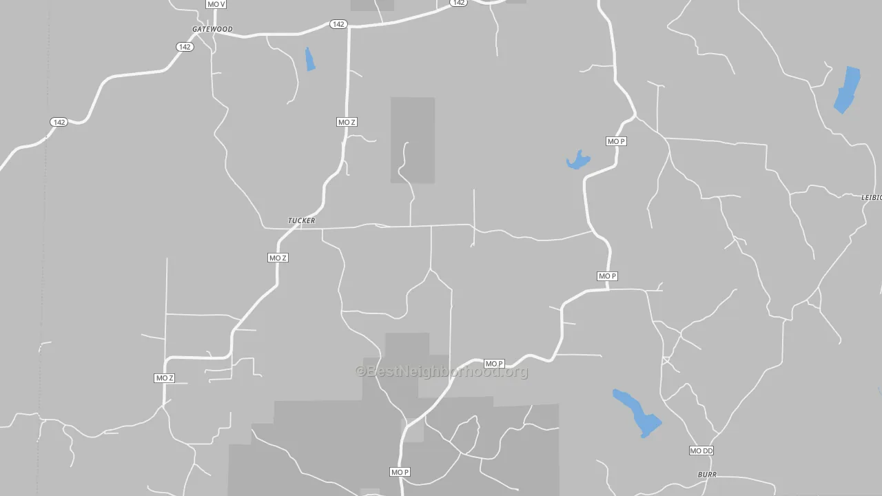 Walk Grade map of Tucker, MO, walkable areas in green and car-dependent areas in red