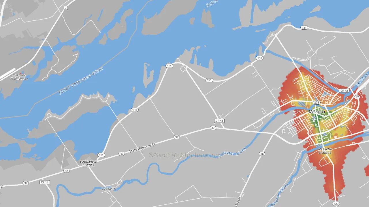 Walk Grade map of Tucker Terrace, NY, walkable areas in green and car-dependent areas in red