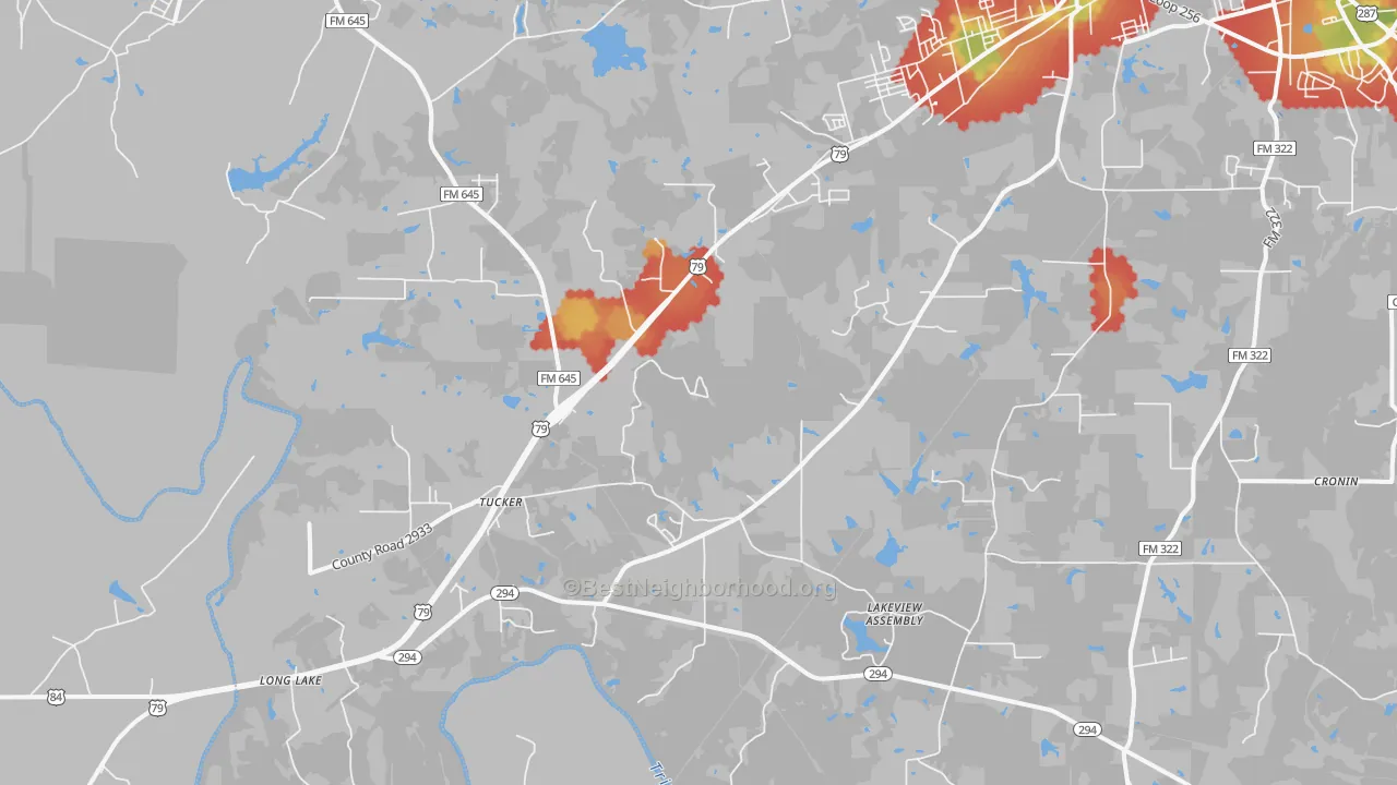 Walk Grade map of Tucker, TX, walkable areas in green and car-dependent areas in red
