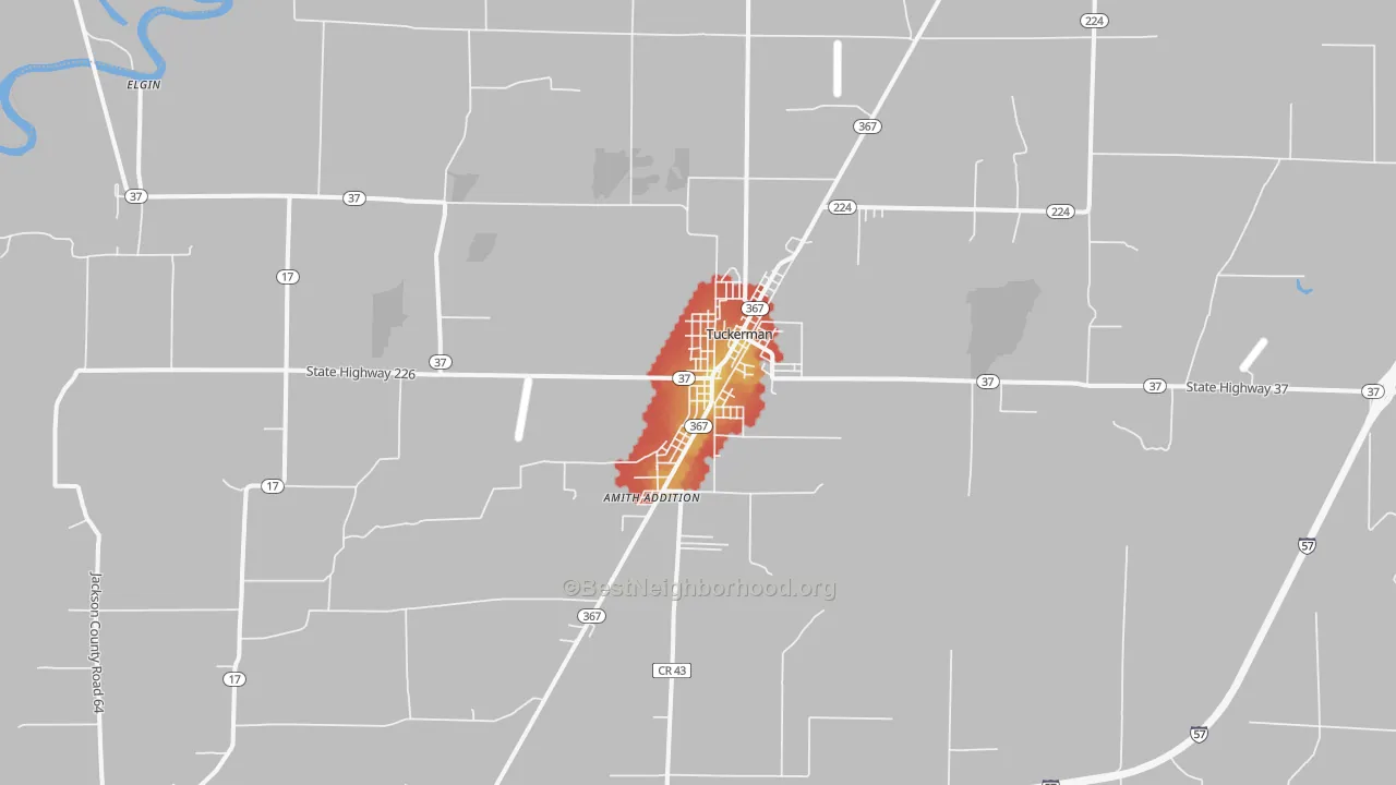 Walk Grade map of Tuckerman, AR, walkable areas in green and car-dependent areas in red
