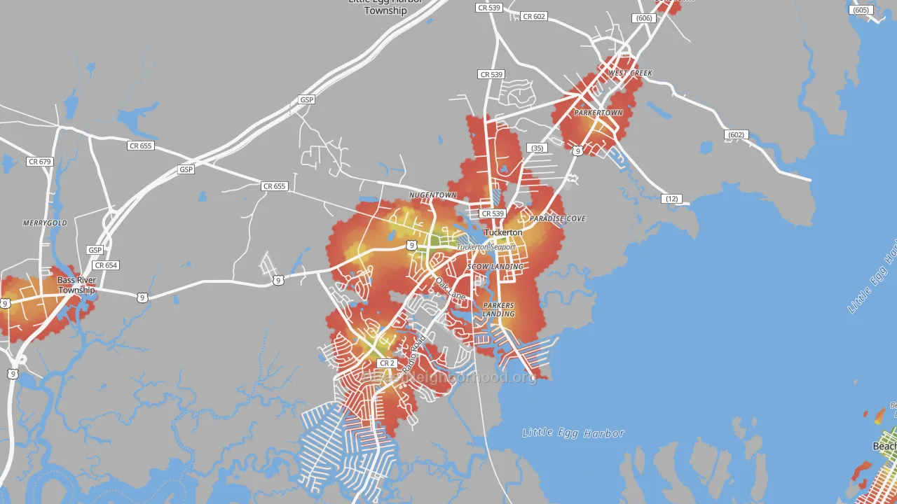 Walk Grade map of Tuckerton, NJ, walkable areas in green and car-dependent areas in red