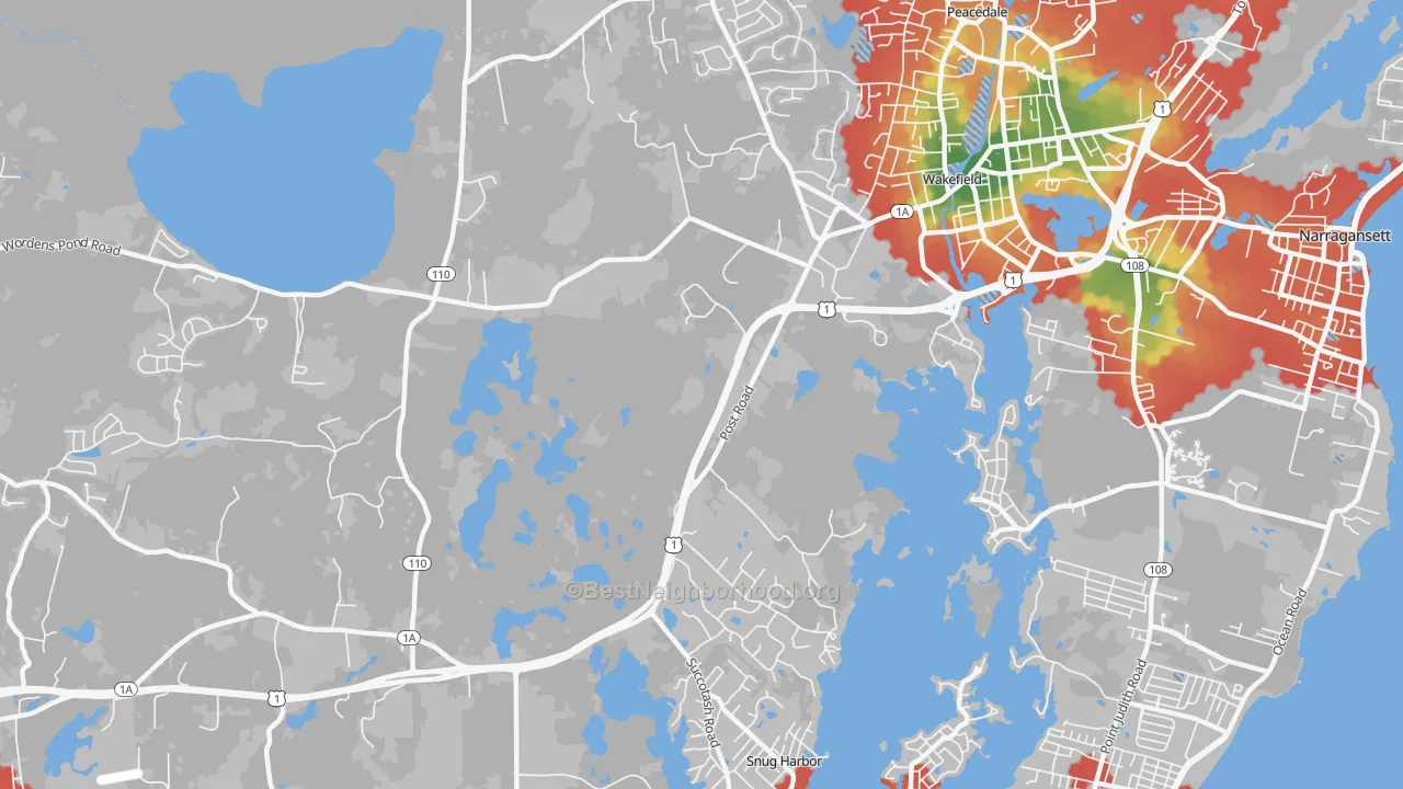Walk Grade map of Tuckertown, RI, walkable areas in green and car-dependent areas in red