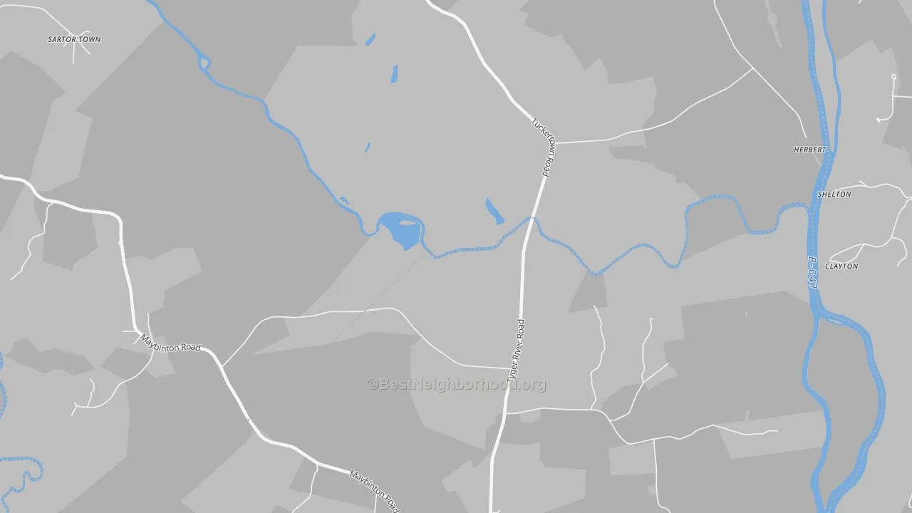Walk Grade map of Tuckertown, SC, walkable areas in green and car-dependent areas in red