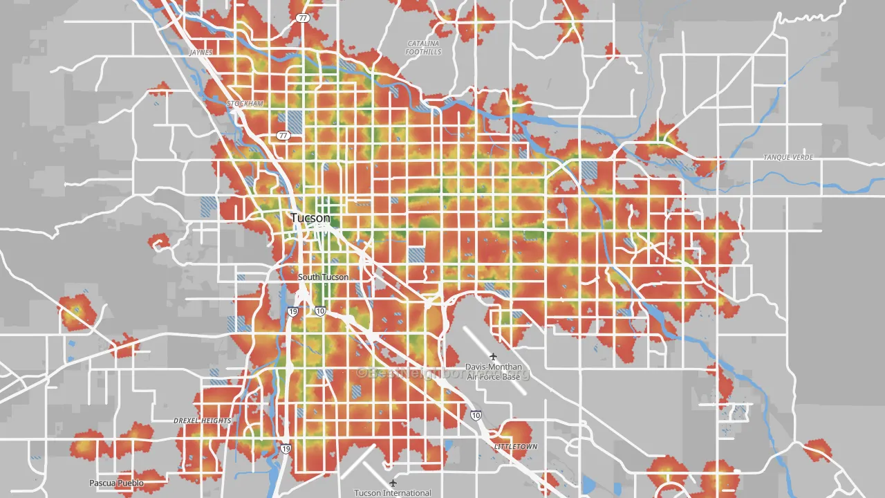 Walk Grade map of Tucson, AZ, walkable areas in green and car-dependent areas in red
