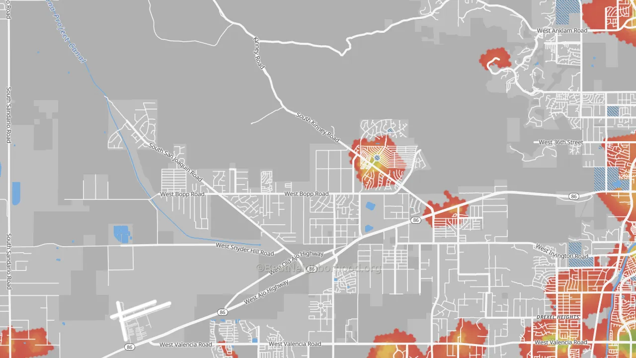 Walk Grade map of Tucson Estates, AZ, walkable areas in green and car-dependent areas in red