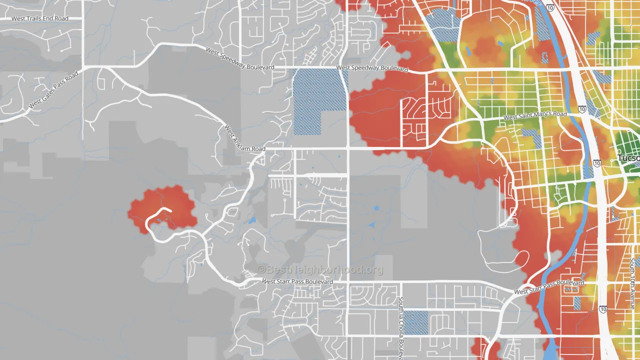 Walk Grade map of Tucson Park West, Tucson, AZ, walkable areas in green and car-dependent areas in red