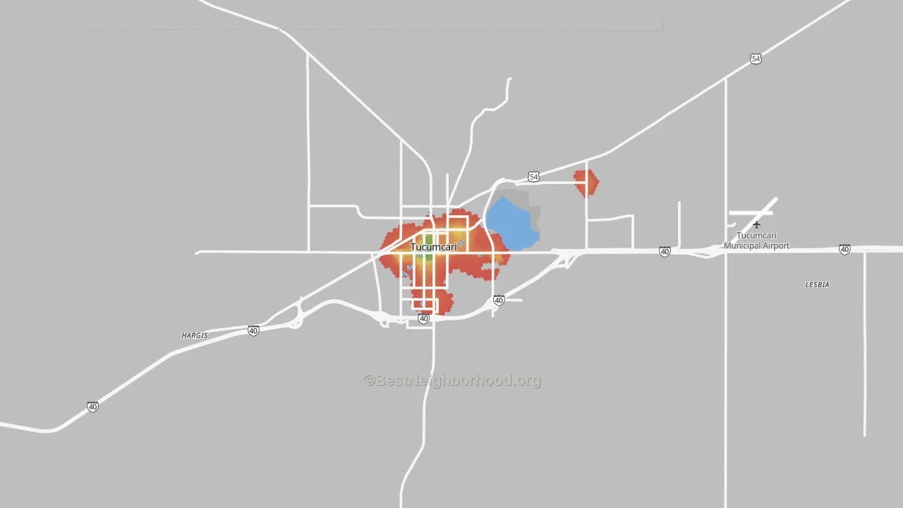 Walk Grade map of Tucumcari, NM, walkable areas in green and car-dependent areas in red