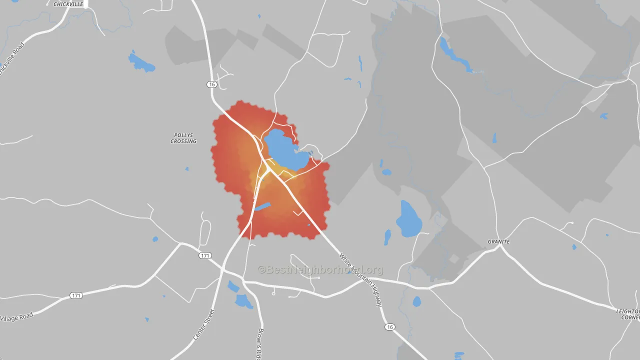 Walk Grade map of Tuftonboro, NH, walkable areas in green and car-dependent areas in red
