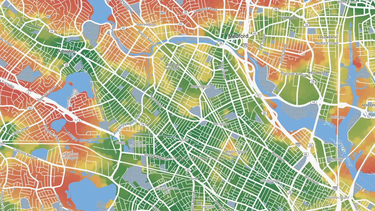 Walk Grade map of Tufts, Somerville, MA, walkable areas in green and car-dependent areas in red