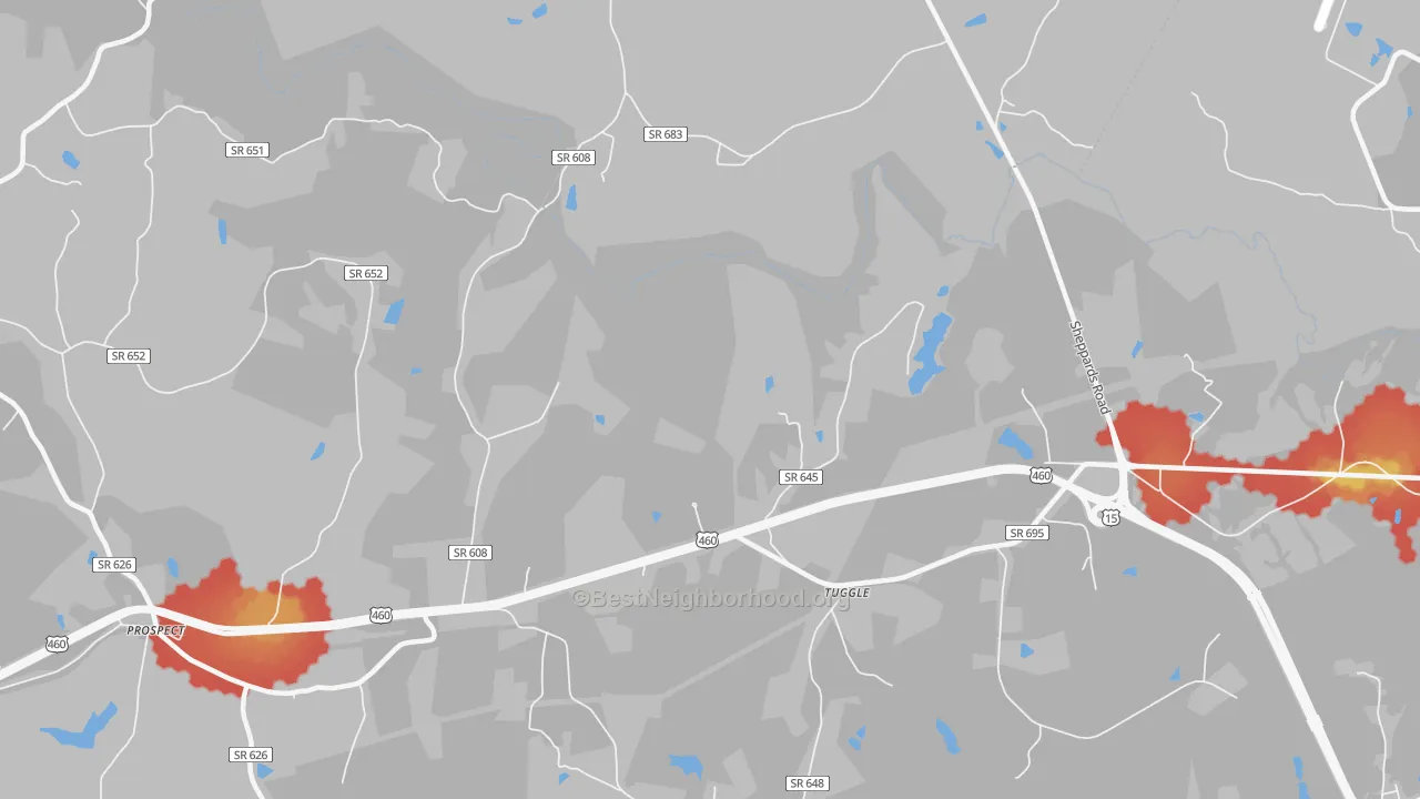 Walk Grade map of Tuggle, VA, walkable areas in green and car-dependent areas in red