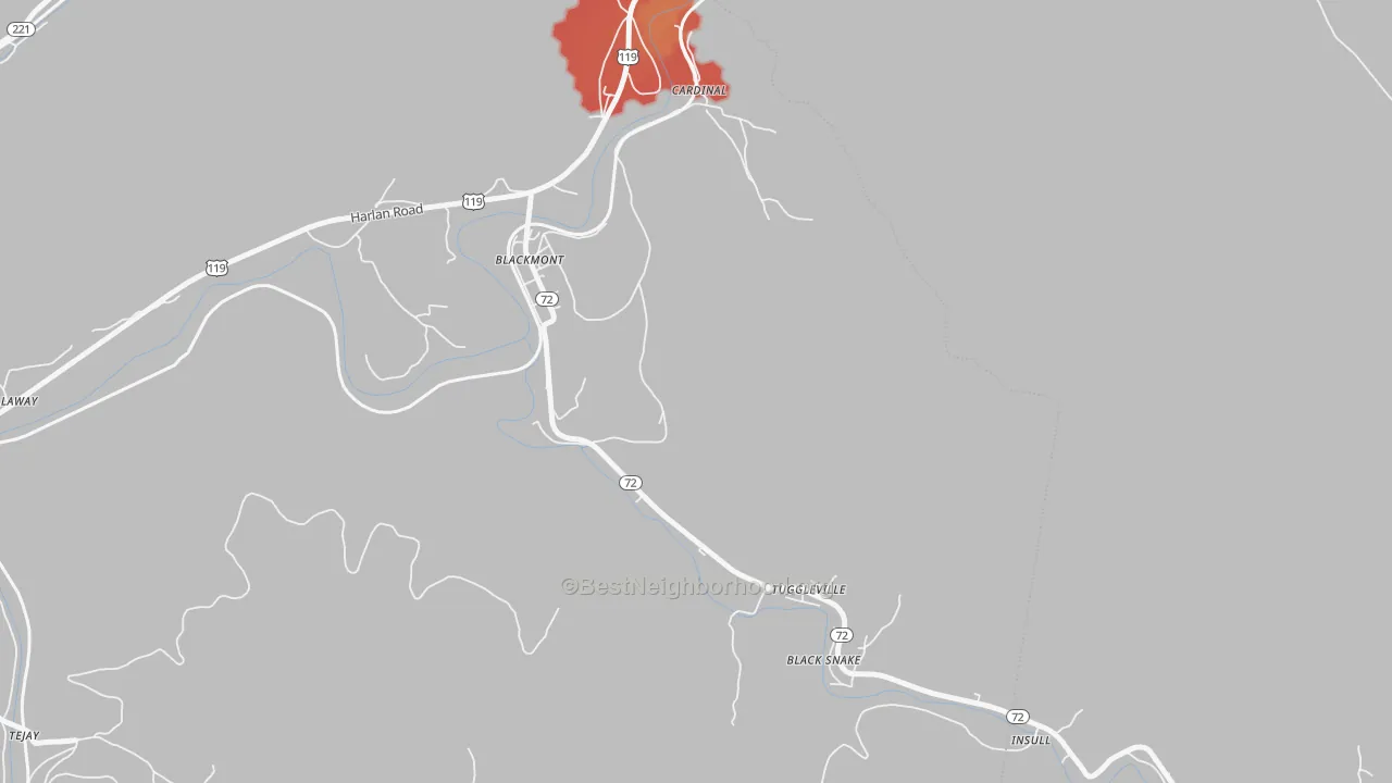 Walk Grade map of Tuggleville, KY, walkable areas in green and car-dependent areas in red