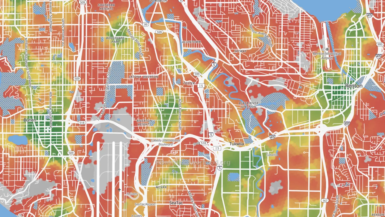 Walk Grade map of Tukwila, WA, walkable areas in green and car-dependent areas in red