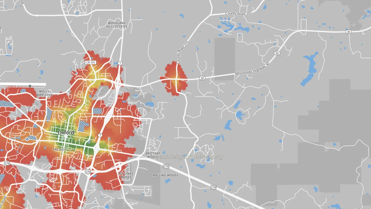 Walk Grade map of Tula, MS, walkable areas in green and car-dependent areas in red