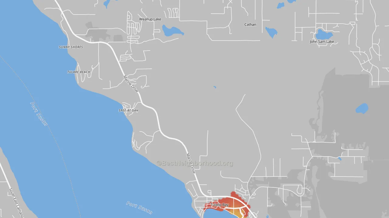 Walk Grade map of Tulalip, WA, walkable areas in green and car-dependent areas in red