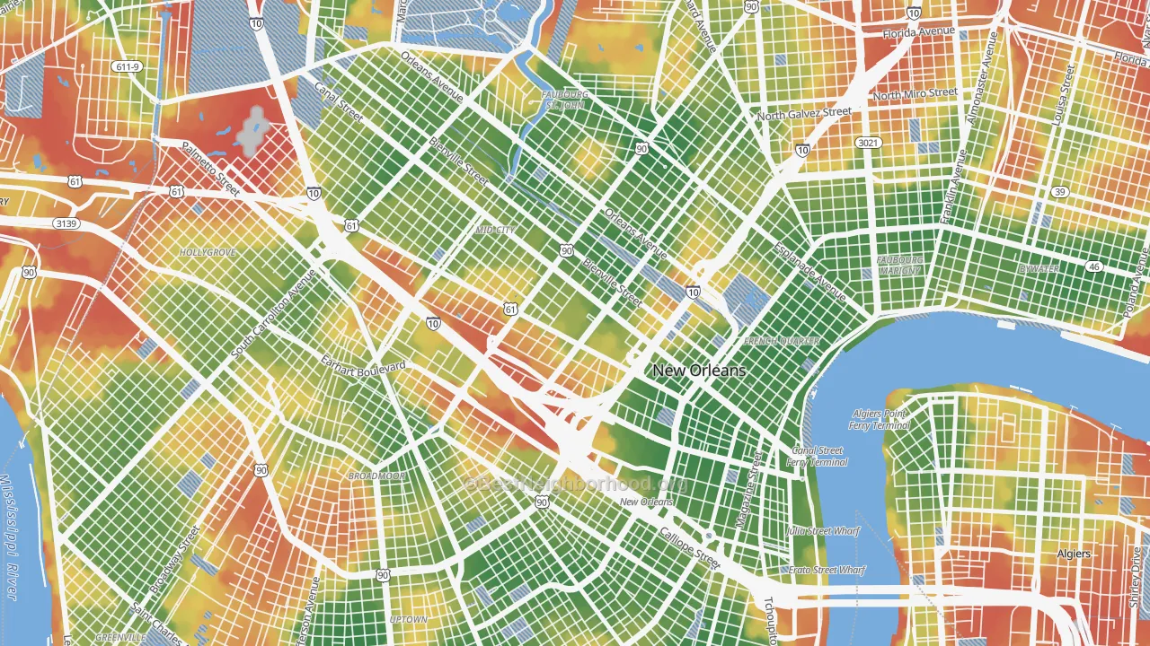 Walk Grade map of Tulane Gravier, New Orleans, LA, walkable areas in green and car-dependent areas in red