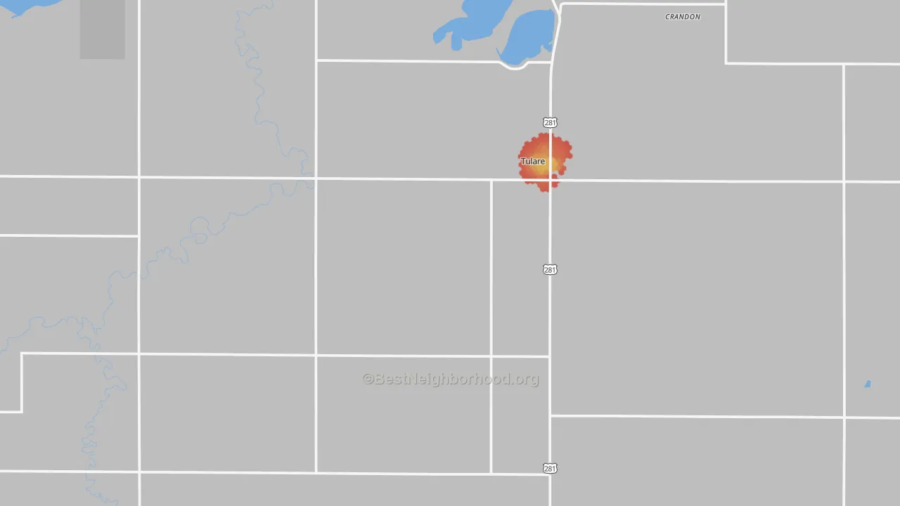 Walk Grade map of Tulare, SD, walkable areas in green and car-dependent areas in red