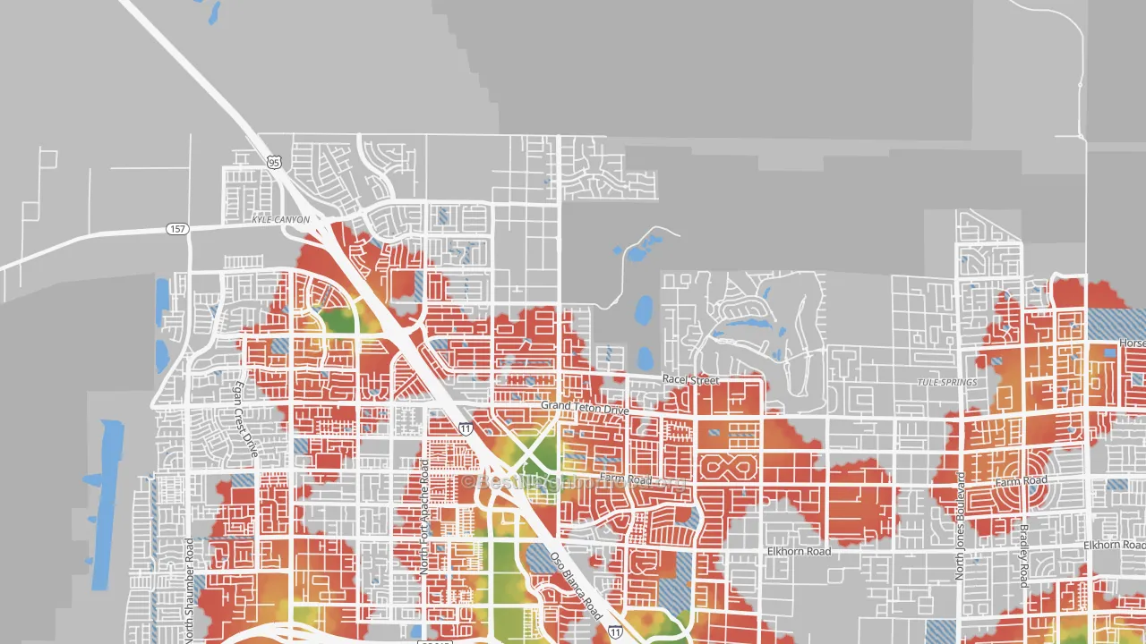 Walk Grade map of Tule Springs, Las Vegas, NV, walkable areas in green and car-dependent areas in red