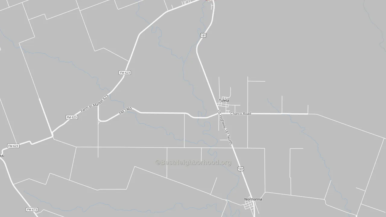 Walk Grade map of Tuleta, TX, walkable areas in green and car-dependent areas in red