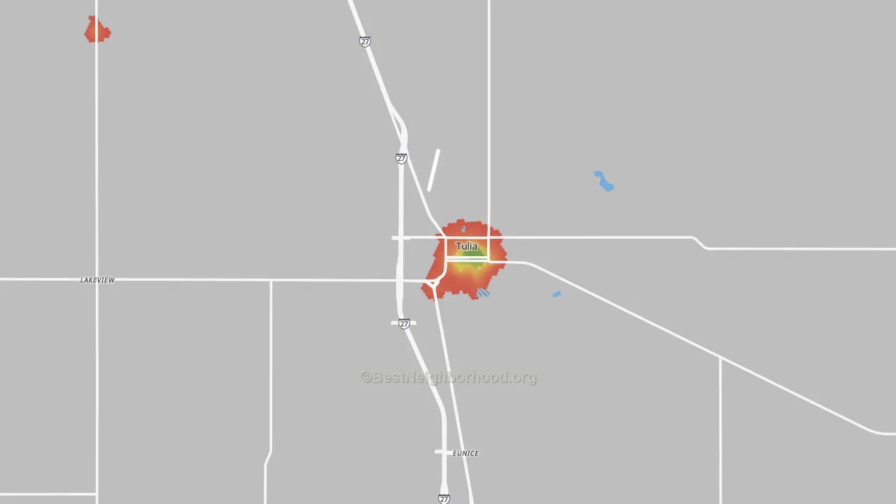Walk Grade map of Tulia, TX, walkable areas in green and car-dependent areas in red